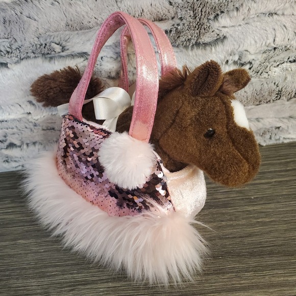 Aurora Other - Aurora Plush Brown Horse W/ Pink Sequins Carrying Purse Pouch